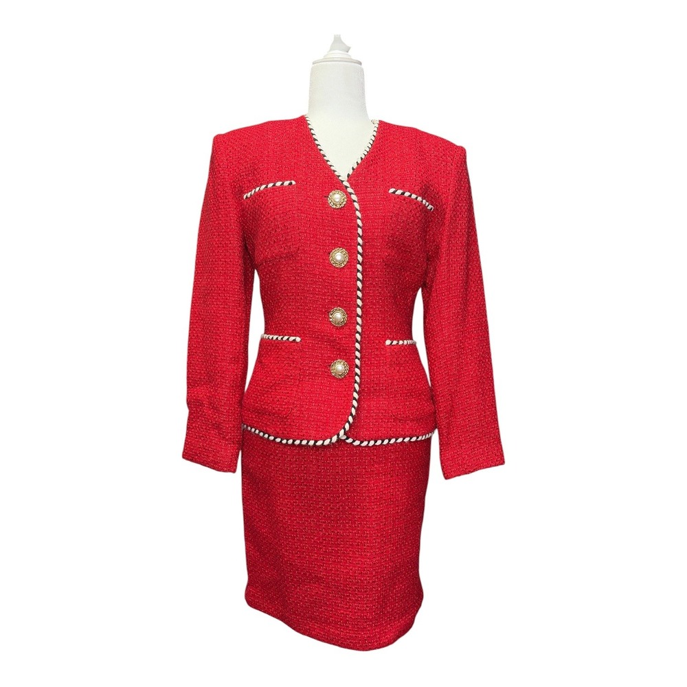 Laundry by Shelli Segal Red Boucle Tweed Skirt Suit Gold Pearl Button 8 Small